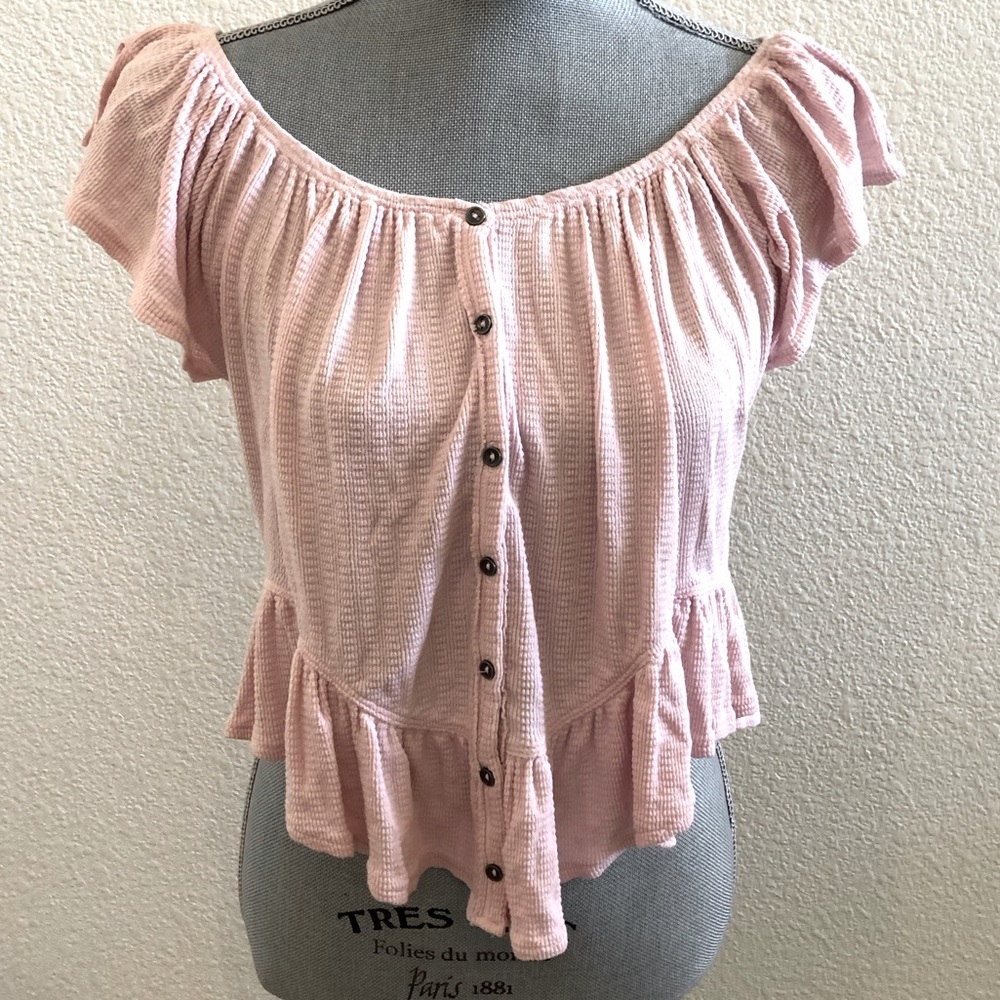We The Free Pale Pink Button-Front Ruffle Crop Top